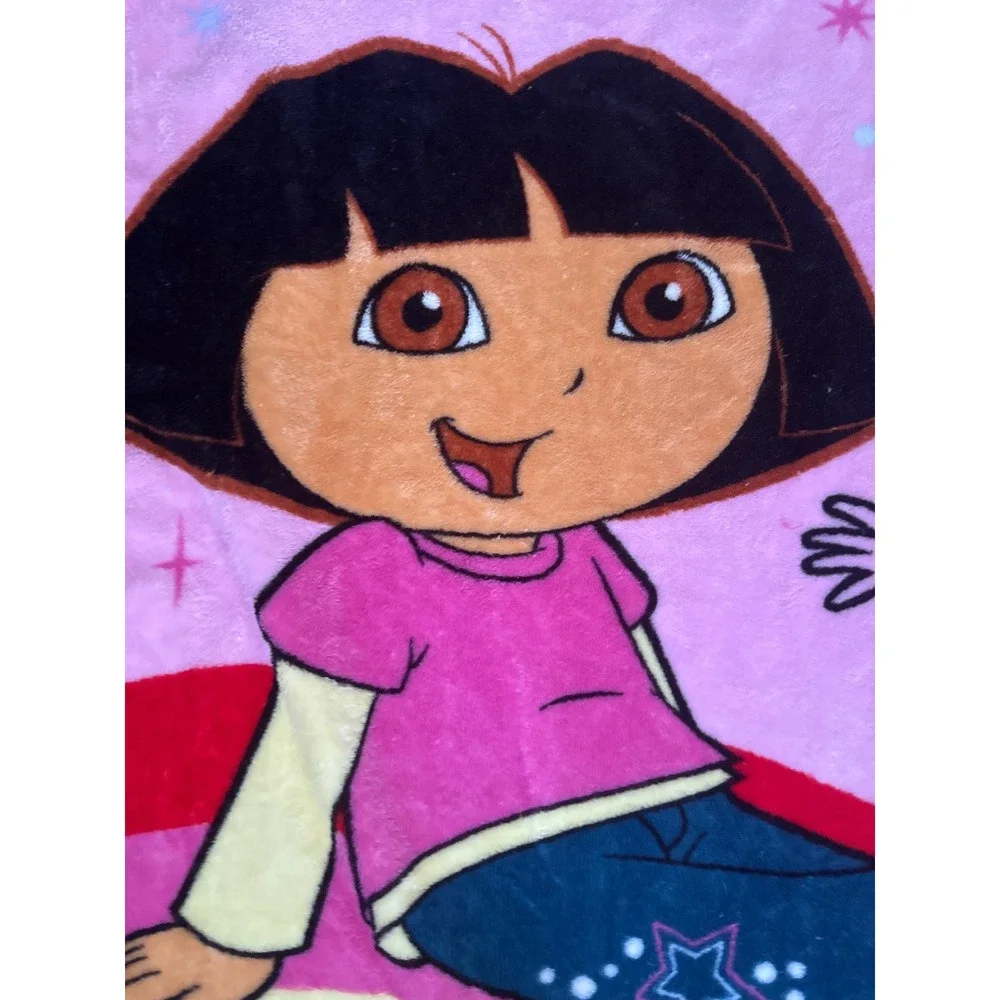 VTG Nickelodeon Dora the Explorer Boots Pink Fleece Throw Blanket Rainbow 42x30